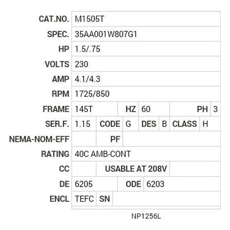 M1505T Baldor 1.5/.75 HP, 1725/850 RPM, 3 PH, 60 HZ, 145T, 3535 Motor Nameplate - view 2