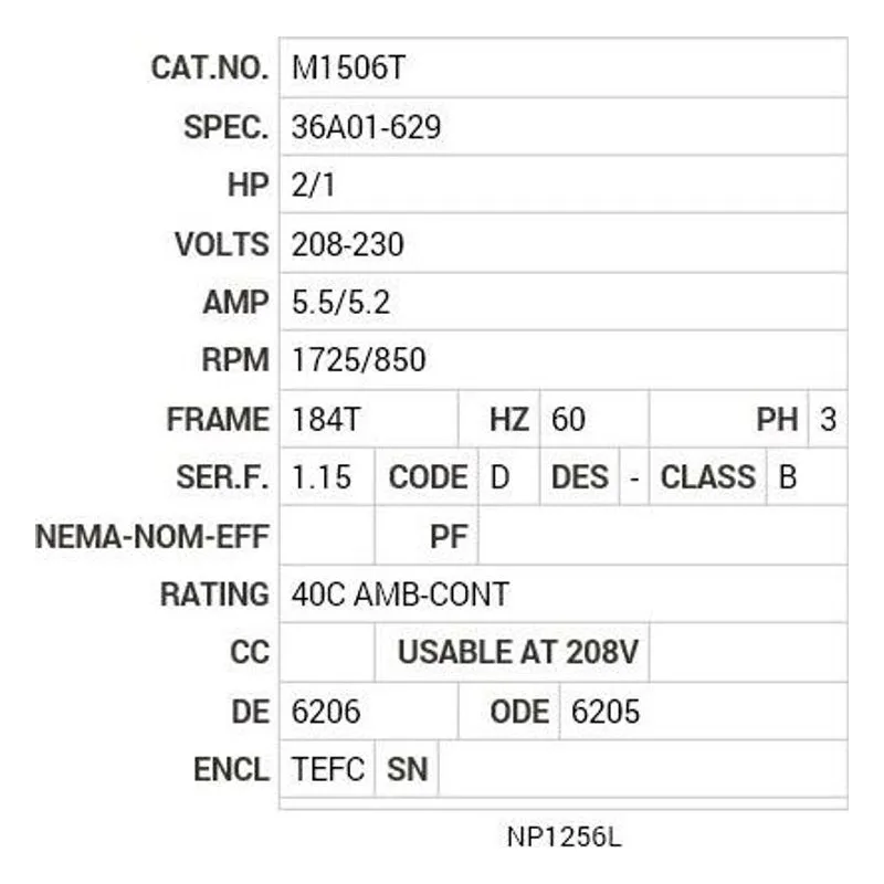 M1506T Baldor 2/1 HP, 1725/850 RPM, 3 PH, 60 HZ, 184T, 3628M Motor Nameplate - view 2
