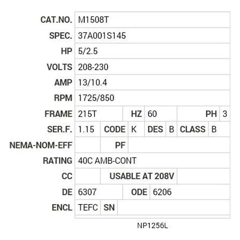 M1508T Baldor 5/2.5 HP, 1725/850 RPM, 3 PH, 60 HZ, 215T, 3744M Motor Nameplate - view 2