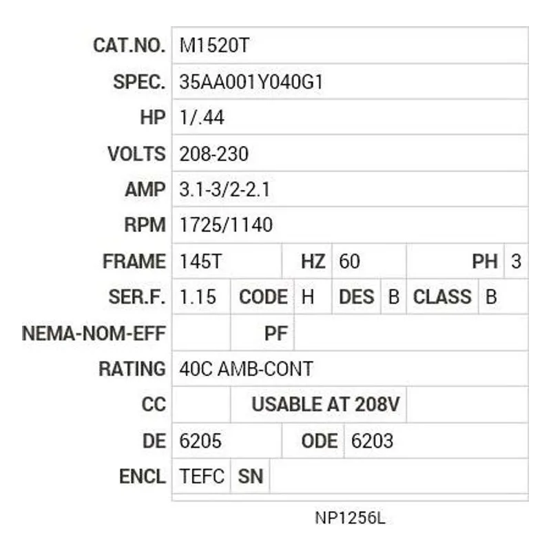 M1520T Baldor 1/.44 HP, 1725/1140 RPM, 3 PH, 60 HZ, 145T, 3528M Motor Nameplate - view 2