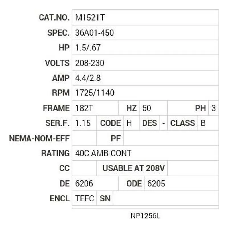 M1521T Baldor 1.5/.67 HP, 1725/1140 RPM, 3 PH, 60 HZ, 182T Motor Nameplate - view 2
