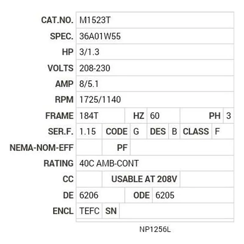 M1523T Baldor 3/1.3 HP, 1725/1140 RPM, 3 PH, 60 HZ, 184T, 3634M Motor Nameplate - view 2
