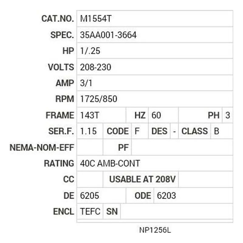 M1554T Baldor 1/.25 HP, 1725/850 RPM, 3 PH, 60 HZ, 143T, 3520M Motor Nameplate - view 2