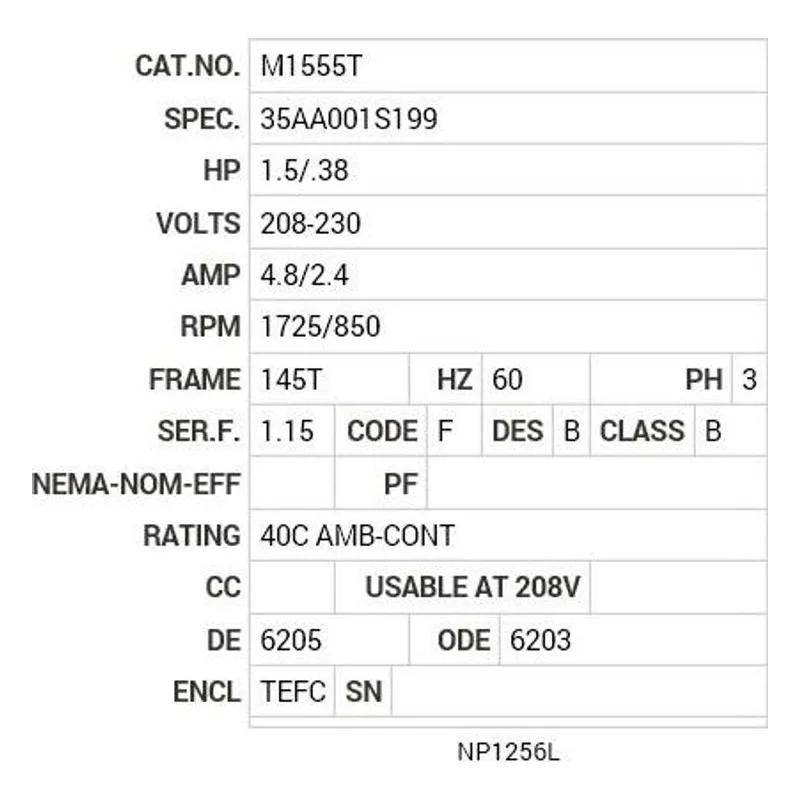 M1555T Baldor 1.5/.38 HP, 1725/850 RPM, 3 PH, 60 HZ, 145T, 3528 Motor Nameplate - view 2