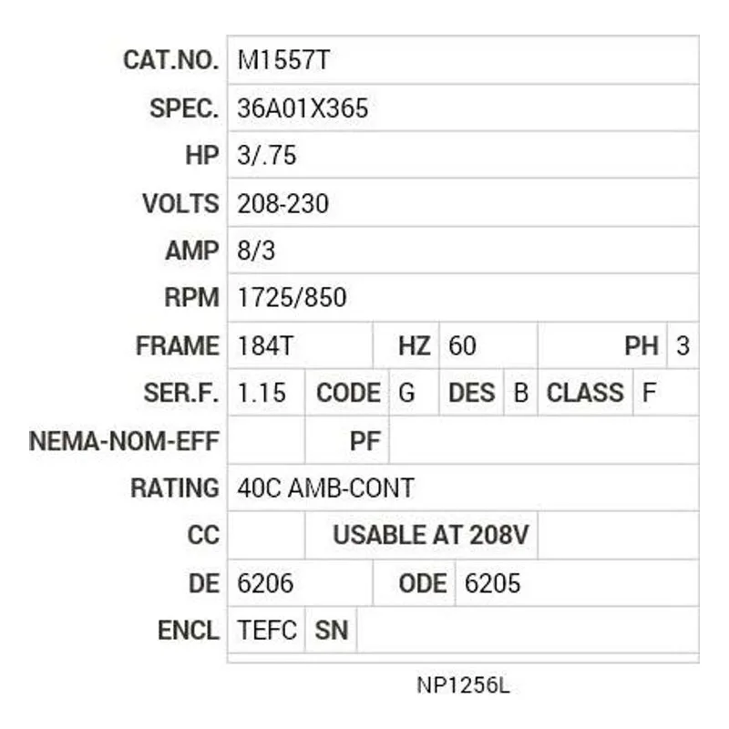 M1557T Baldor 3/.75 HP, 1725/850 RPM, 3 PH, 60 HZ, 184T, 3628M Motor Nameplate - view 2