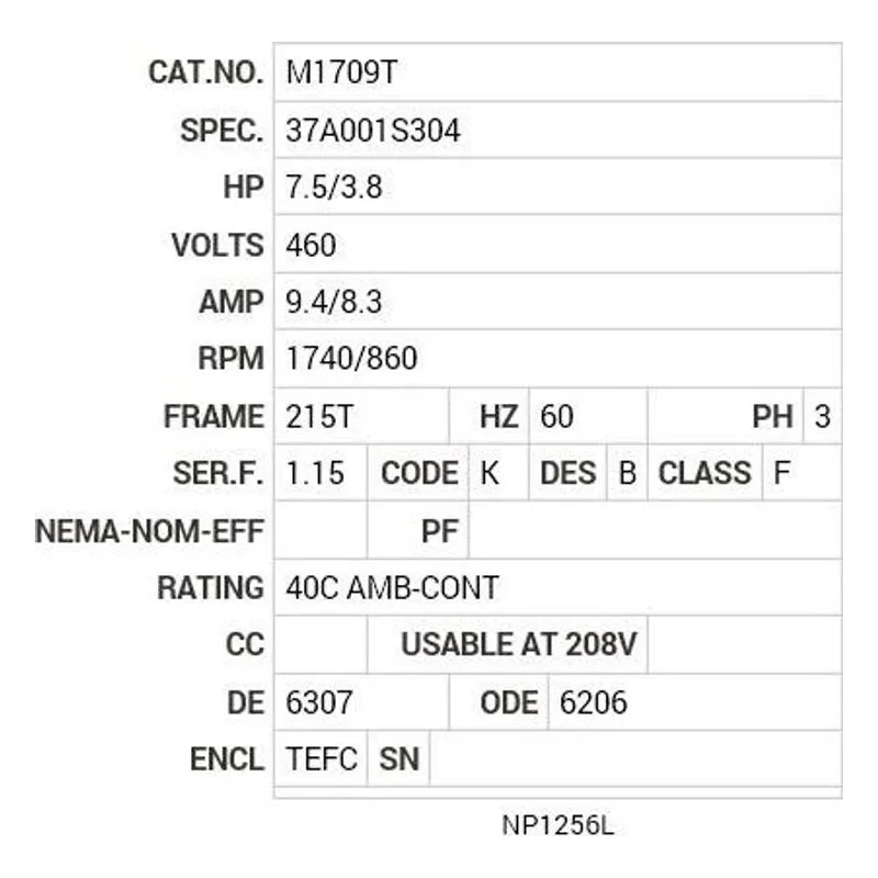 M1709T Baldor 7.5/3.8 HP, 1740/860 RPM, 3 PH, 60 HZ, 215T, 3754 Motor Nameplate - view 2