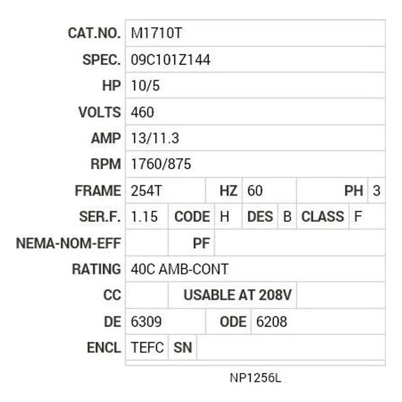M1710T Baldor 10/5 HP, 1760/875 RPM, 3 PH, 60 HZ, 254T, 0940M Motor Nameplate - view 2