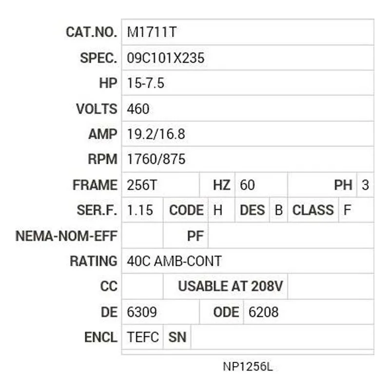 M1711T Baldor 15-7.5 HP, 1760/875 RPM, 3 PH, 60 HZ, 256T, 0944M Motor Nameplate - view 2