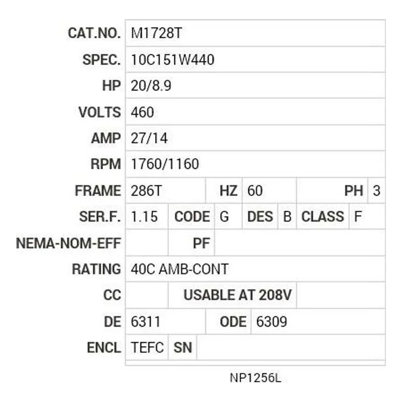 M1728T Baldor 20/8.9 HP, 1760/1160 RPM, 3 PH, 60 HZ, 286T Motor Nameplate - view 2