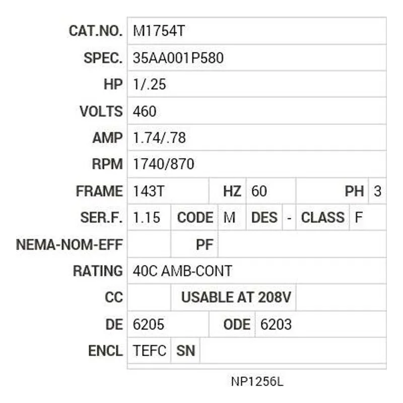 M1754T Baldor 1/.25 HP, 1740/870 RPM, 3 PH, 60 HZ, 143T, 3518M Motor Nameplate - view 2