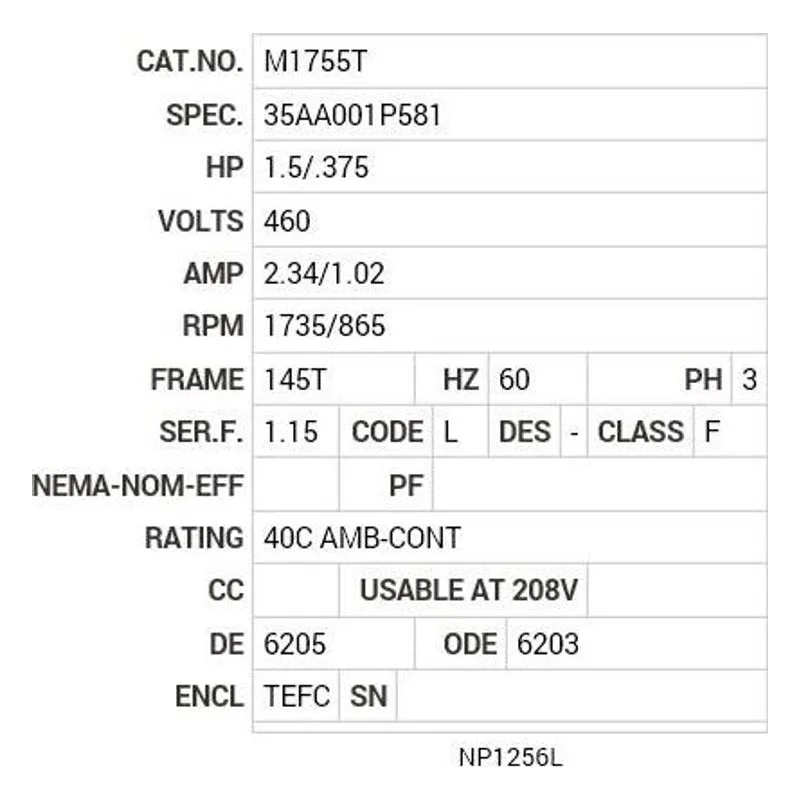 M1755T Baldor 1.5/.375 HP, 1735/865 RPM, 3 PH, 60 HZ, 145T, 352 Motor Nameplate - view 2