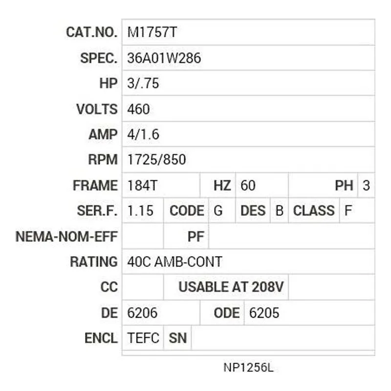 M1757T Baldor 3/.75 HP, 1725/850 RPM, 3 PH, 60 HZ, 184T, 3628M Motor Nameplate - view 2