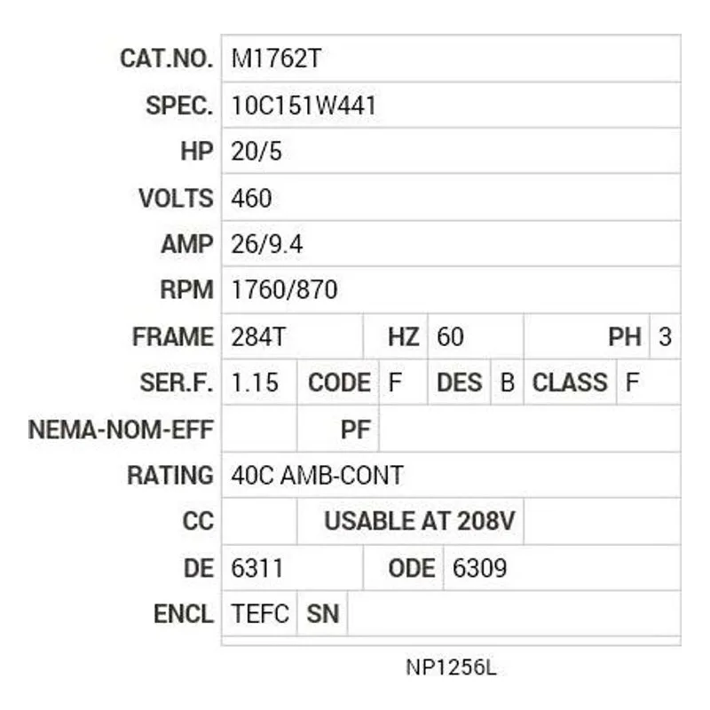 M1762T Baldor 20/5 HP, 1760/870 RPM, 3 PH, 60 HZ, 284T, 1034M Motor Nameplate - view 2