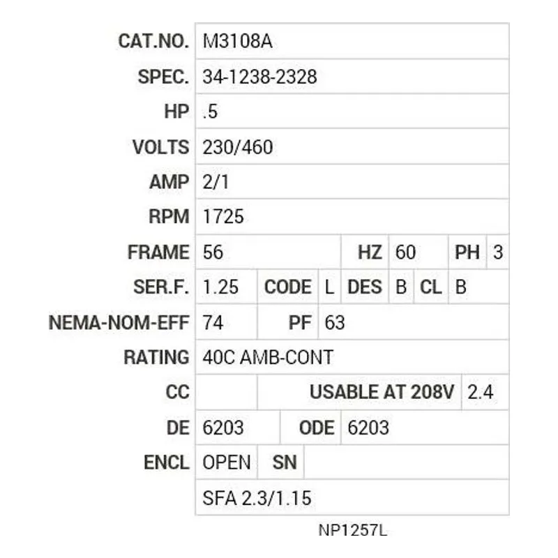 M3108A Baldor .5 HP, 1725 RPM, 3 PH, 60 HZ, 56, 3416M, OPEN, F1 Motor Nameplate - view 2