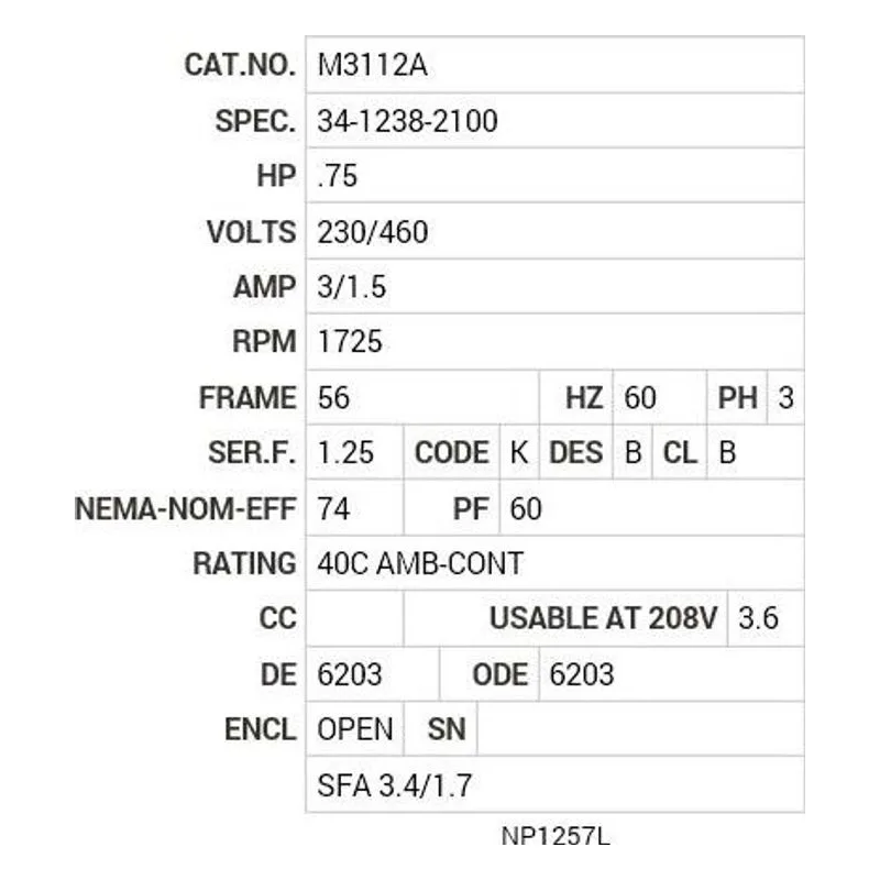 M3112A Baldor .75 HP, 1725 RPM, 3 PH, 60 HZ, 56, 3420M, OPEN, F1 Motor Nameplate - view 2
