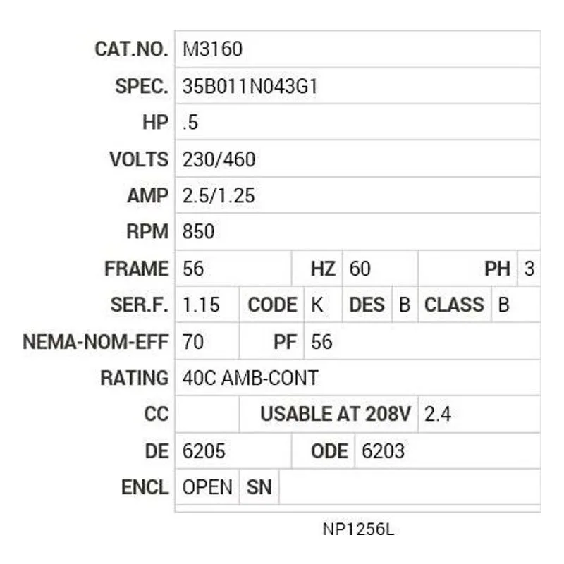 M3160 Baldor .5 HP, 850 RPM, 3 PH, 60 HZ, 56, 3522M, OPEN, F1, N Motor Nameplate - view 2