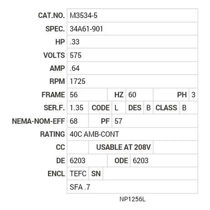 M3534-5 Baldor .33 HP, 1725 RPM, 3 PH, 60 HZ, 56, 3413M, TEFC, F1 Motor Nameplate - view 2