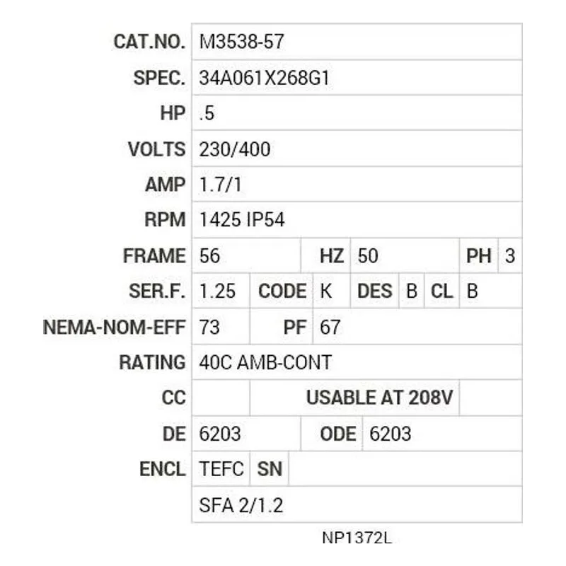 M3538-57 Baldor .5 HP, 1425 RPM, 3 PH, 50 HZ, 56, 3420M, TEFC, F1, N Motor Nameplate - view 2
