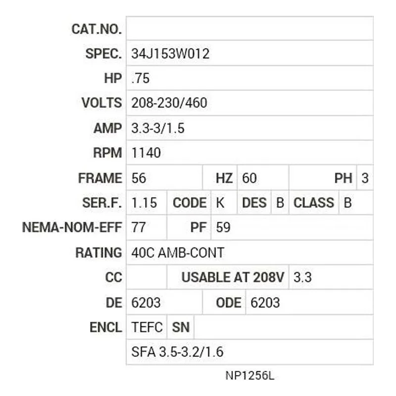 M3543 Baldor .75 HP, 1140 RPM, 3 PH, 60 HZ, 56, 3428M, TEFC, F1 Motor Nameplate - view 2