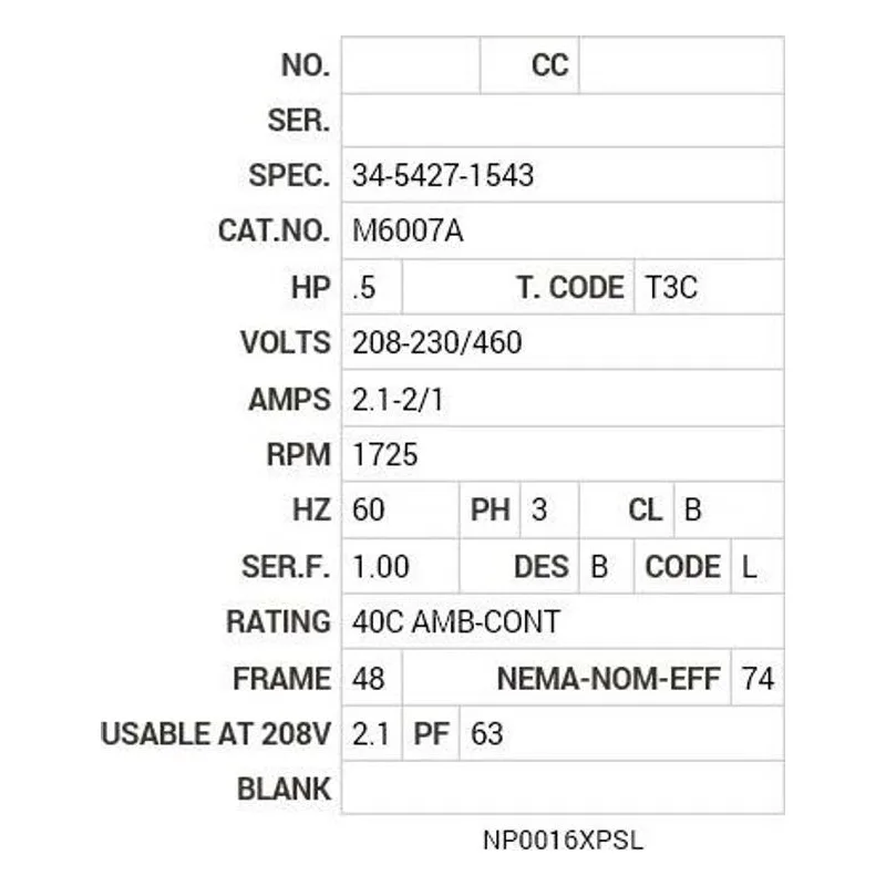 M6007A Baldor .5 HP, 1725 RPM, 3 PH, 60 HZ, 48, X3416M, XPFC, F1 Motor Nameplate - view 2