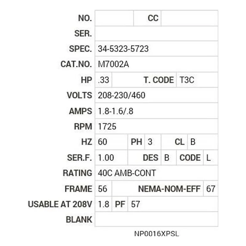 M7002A Baldor .33 HP, 1725 RPM, 3 PH, 60 HZ, 56, X3413M, XPFC, F1 Motor Nameplate - view 2