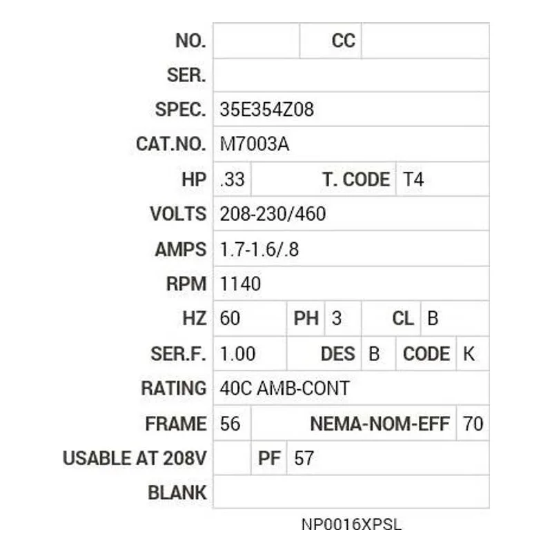 M7003A Baldor .33 HP, 1140 RPM, 3 PH, 60 HZ, 56, X3513M, XPFC, F1 Motor Nameplate - view 2