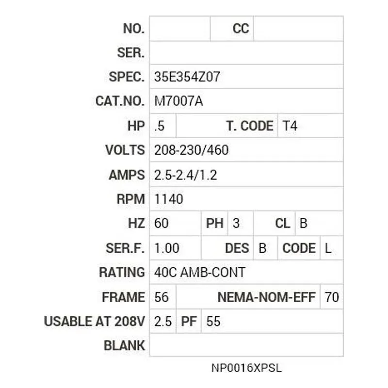M7007A Baldor .5 HP, 1140 RPM, 3 PH, 60 HZ, 56, X3516M, XPFC, F1 Motor Nameplate - view 2