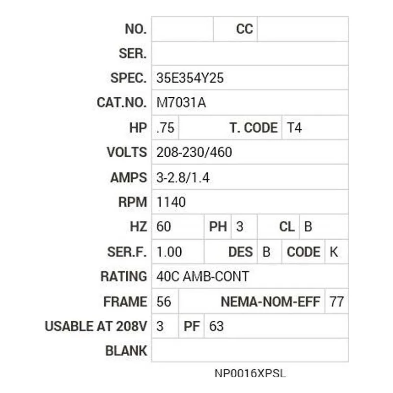 M7031A Baldor .75 HP, 1140 RPM, 3 PH, 60 HZ, 56, X3524M, XPFC, F1 Motor Nameplate - view 2