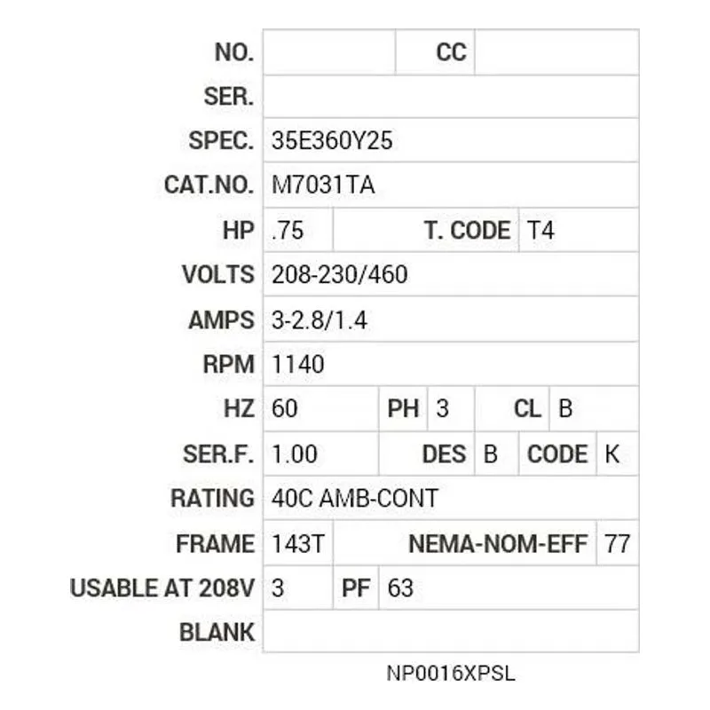 M7031TA Baldor .75 HP, 1140 RPM, 3 PH, 60 HZ, 143T, X3524M, XPFC Motor Nameplate - view 2