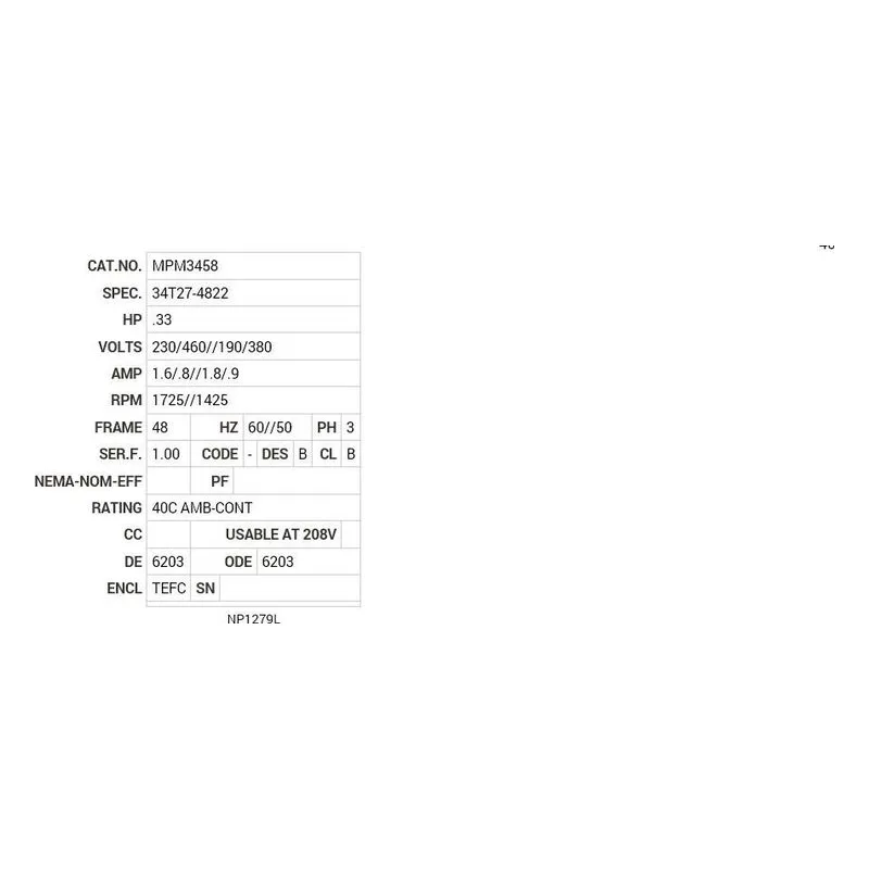 MPM3458 Baldor .33 HP, 1425/1725 RPM, 3 PH, 50/60 HZ, 48, 3413M Motor Nameplate - view 2