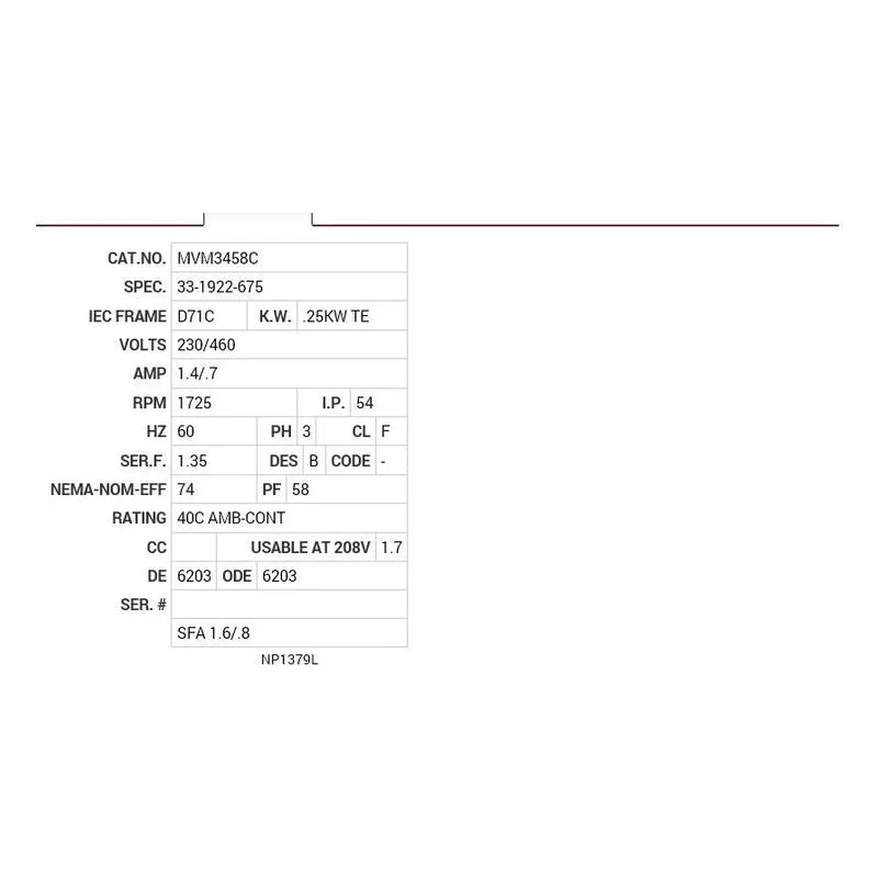 MVM3458C Baldor .25KW, 1725 RPM, 3 PH, 60 HZ, D71C, 3320M, TEFC Motor Nameplate - view 2