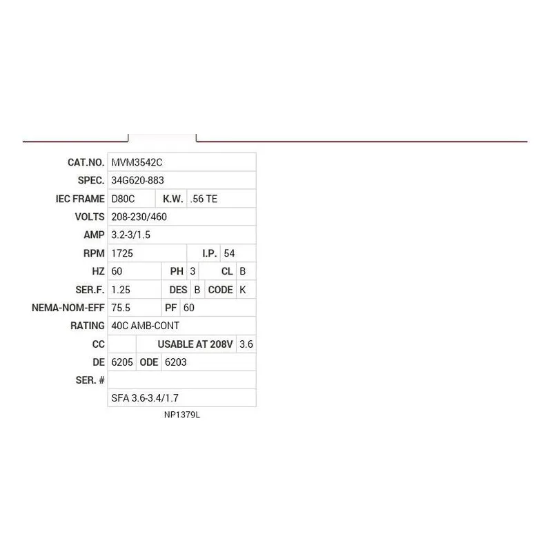 MVM3542C Baldor .56KW, 1725 RPM, 3 PH, 60 HZ, D80C, 3420M, TEFC Motor Nameplate - view 2