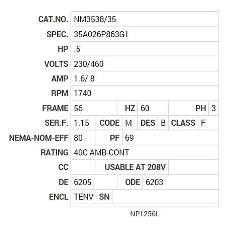 NM3538/35 Baldor .5 HP, 1740 RPM, 3 PH, 60 HZ, 56, 3512M, TENV, F1, N Motor Nameplate - view 2