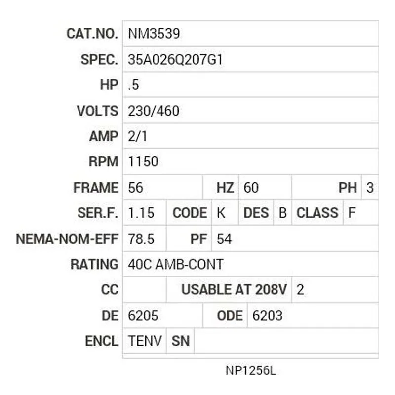NM3539 Baldor .5 HP, 1150 RPM, 3 PH, 60 HZ, 56, 3524M, TENV, F1, N Motor Nameplate - view 2