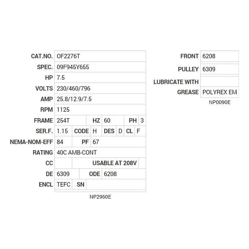 OF2276T Baldor 7.5 HP, 1125 RPM, 3 PH, 60 HZ, 254T, 0932M, TEFC Motor Nameplate - view 2