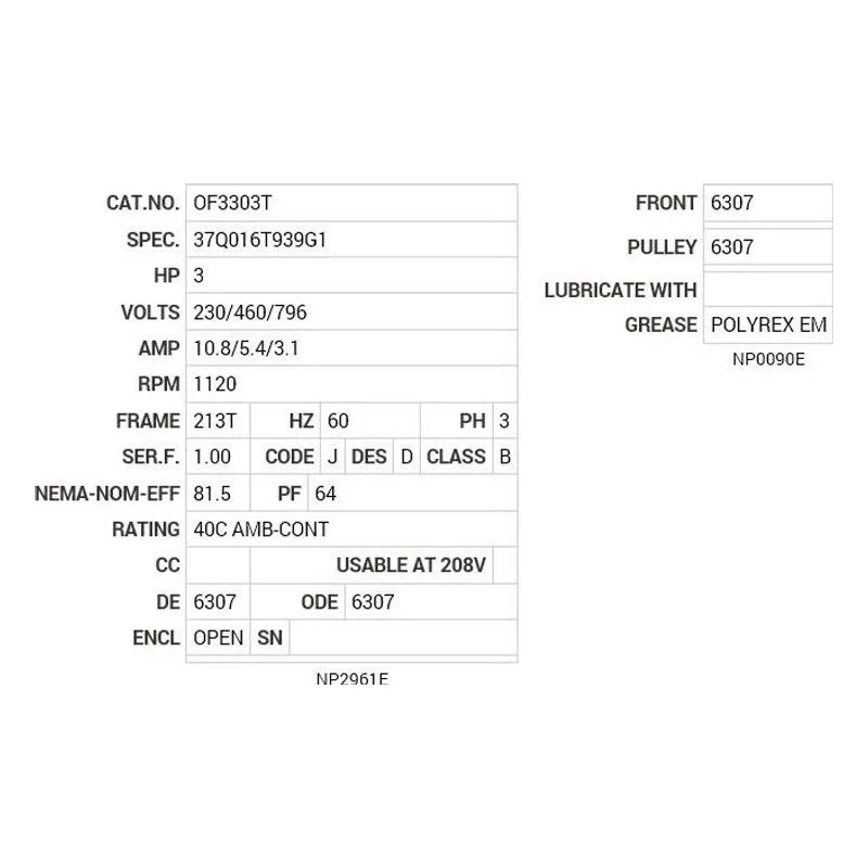 OF3303T Baldor 3 HP, 1120 RPM, 3 PH, 60 HZ, 213T, 3722M, OPEN, F2 Motor Nameplate - view 2