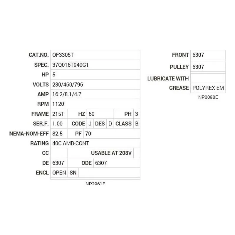 OF3305T Baldor 5 HP, 1120 RPM, 3 PH, 60 HZ, 215T, 3731M, OPEN, F2 Motor Nameplate - view 2