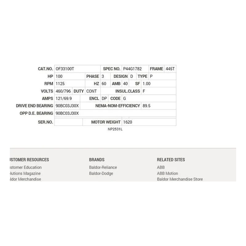 OF33100T Baldor 100 HP, 1125 RPM, 3 PH, 60 HZ, 445T, 1864M, OPEN Motor Nameplate - view 2