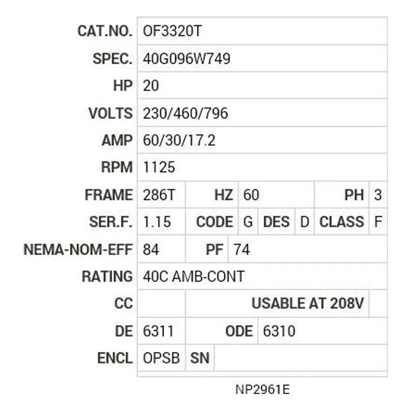 OF3320T Baldor 20 HP, 1125 RPM, 3 PH, 60 HZ, 286T, 4040M, OPSB, F Motor Nameplate - view 2