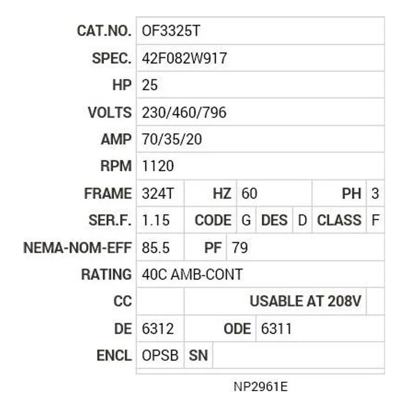 OF3325T Baldor 25 HP, 1120 RPM, 3 PH, 60 HZ, 324T, 4244M, OPSB, F2 Motor Nameplate - view 2