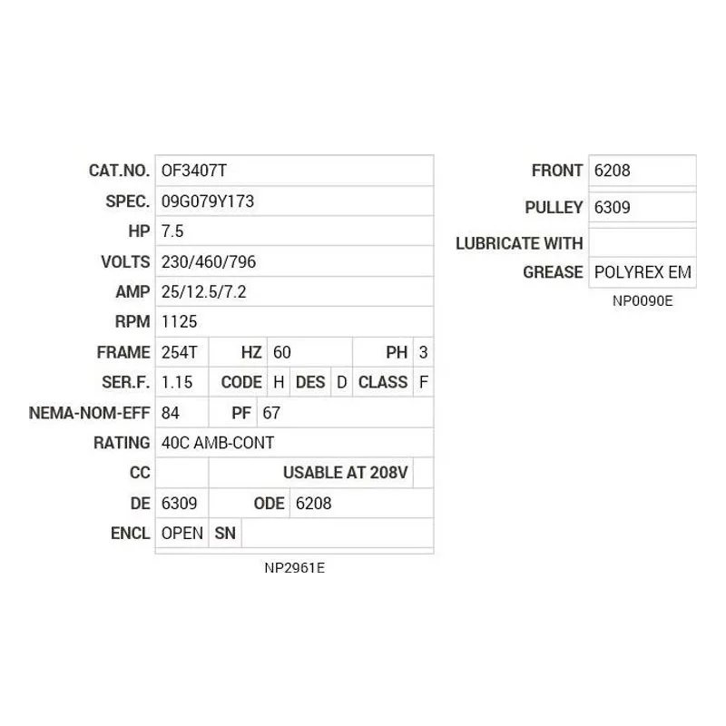 OF3407T Baldor 7.5 HP, 1125 RPM, 3 PH, 60 HZ, 254T, 0932M, OPEN Motor Nameplate - view 2