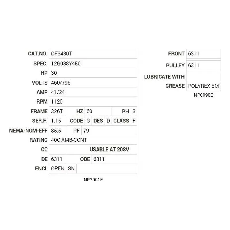 OF3430T Baldor 30 HP, 1120 RPM, 3 PH, 60 HZ, 326T, 1248M, OPEN, F2 Motor Nameplate - view 2