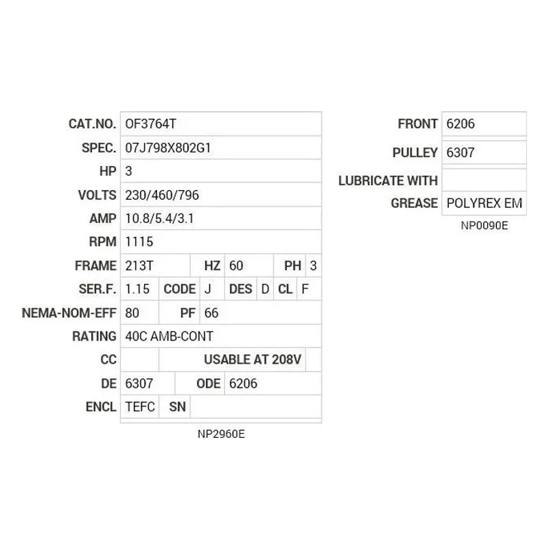 OF3764T Baldor 3 HP, 1120 RPM, 3 PH, 60 HZ, 213T, 0722M, TEFC, F2 Motor Nameplate - view 2