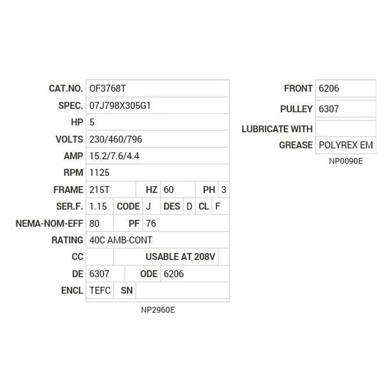 OF3768T Baldor 5 HP, 1125 RPM, 3 PH, 60 HZ, 215T, 0750M, TEFC, F2 Motor Nameplate - view 2
