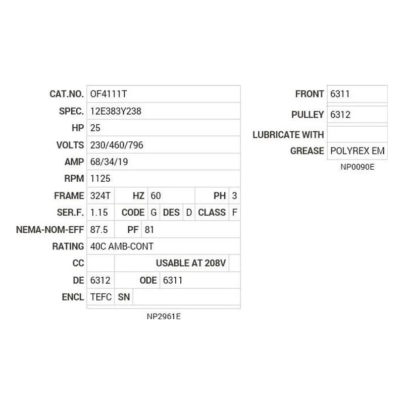 OF4111T Baldor 25 HP, 1125 RPM, 3 PH, 60 HZ, 324T, 1250M, TEFC, F2 Motor Nameplate - view 2