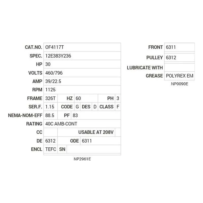 OF4117T Baldor 30 HP, 1125 RPM, 3 PH, 60 HZ, 326T, 1262M, TEFC, F2 Motor Nameplate - view 2