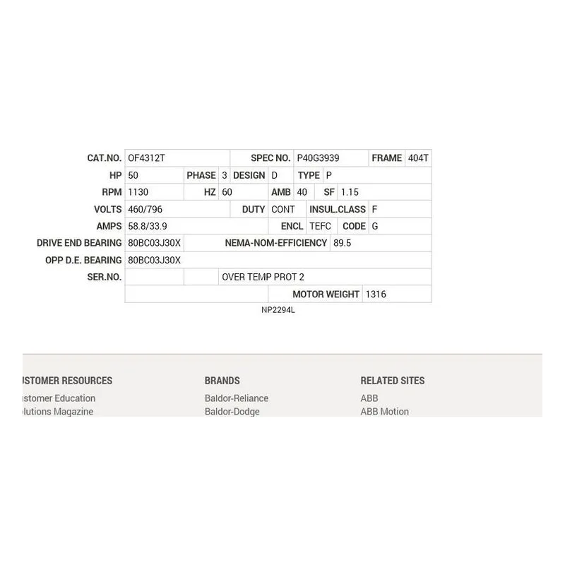 OF4312T Baldor 50 HP, 1130 RPM, 3 PH, 60 HZ, 404T, A40062M, TEFC Motor Nameplate - view 2