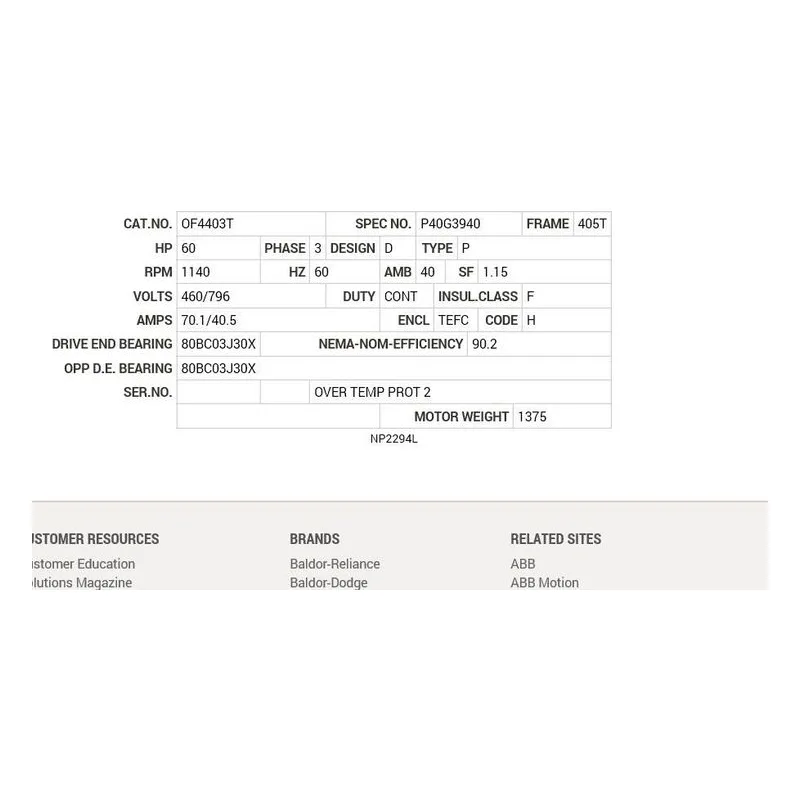 OF4403T Baldor 60 HP, 1140 RPM, 3 PH, 60 HZ, 405T, A40072M, TEFC Motor Nameplate - view 2
