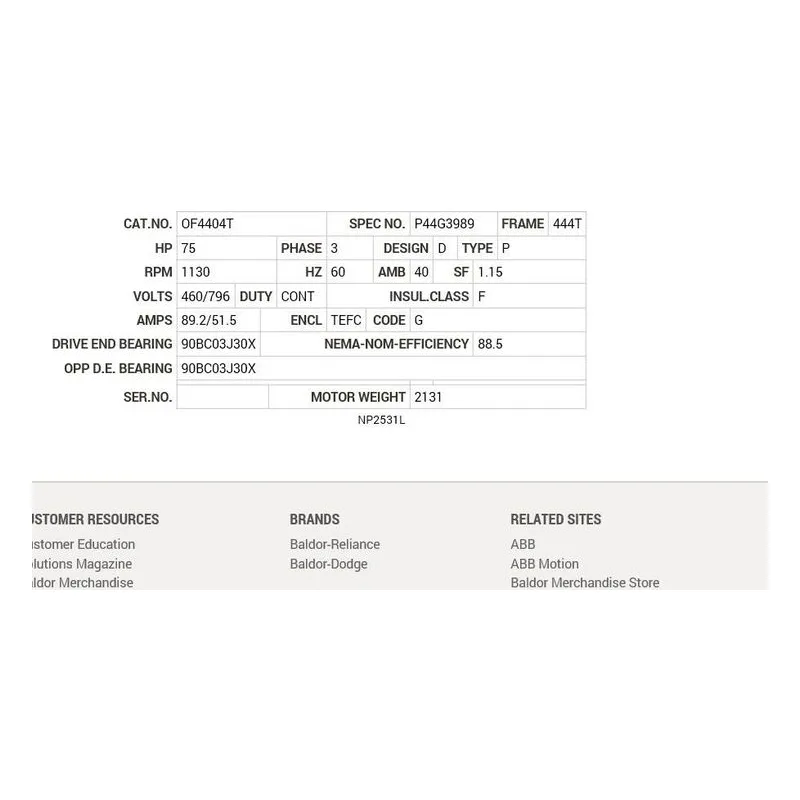 OF4404T Baldor 75 HP, 1130 RPM, 3 PH, 60 HZ, 444T, A4488M, TEFC, F Motor Nameplate - view 2