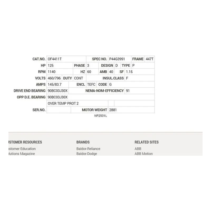 OF4411T Baldor 125 HP, 1140 RPM, 3 PH, 60 HZ, 447T, A44134M, TEFC Motor Nameplate - view 2